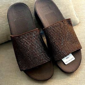 FIT FLOP Brown sparkle slip on sandals NWB